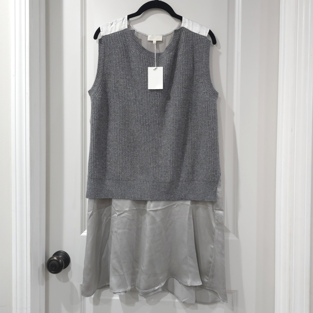 CLU Mixed Media Gray Silver Sleeveless Lambswool Knit Top with 100% Silk Details